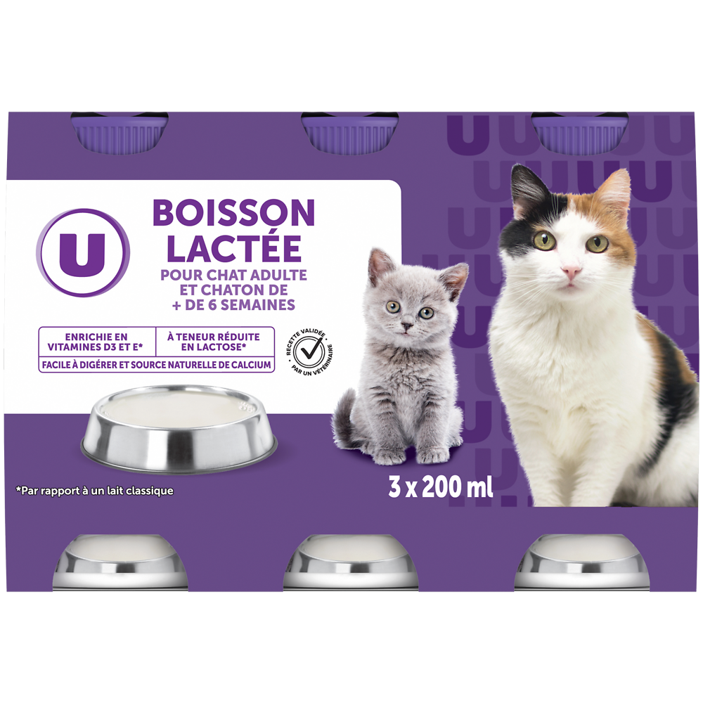 U Boisson lactée pour chats et châtons de plus de 6 semaines  3 bouteilles, 200ml