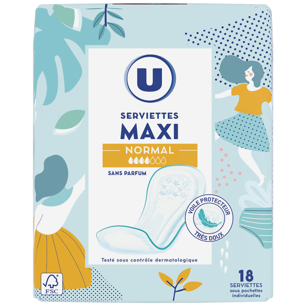 U Serviettes hygiéniques maxi normal pliées  x18