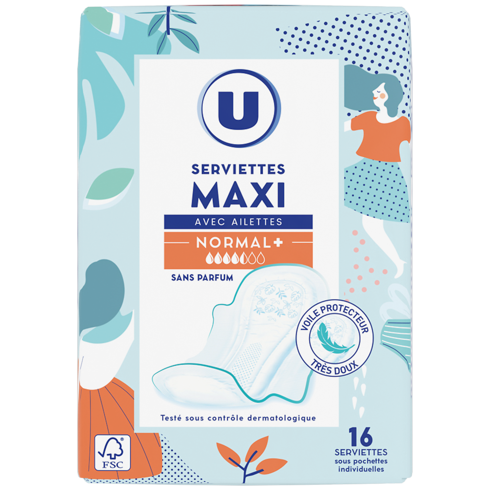 U Serviettes hygiéniques maxi normal plus pliées  x16