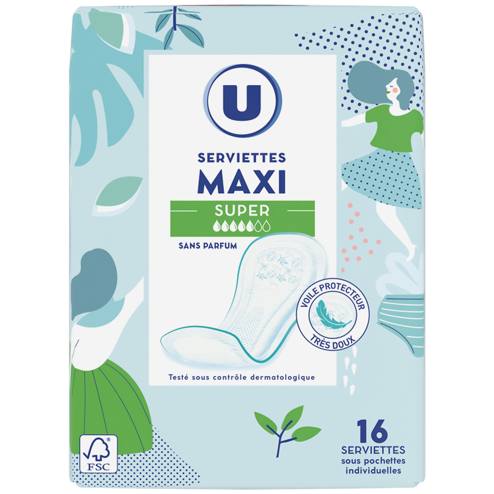 U Serviettes hygiéniques maxi super pliées  x16