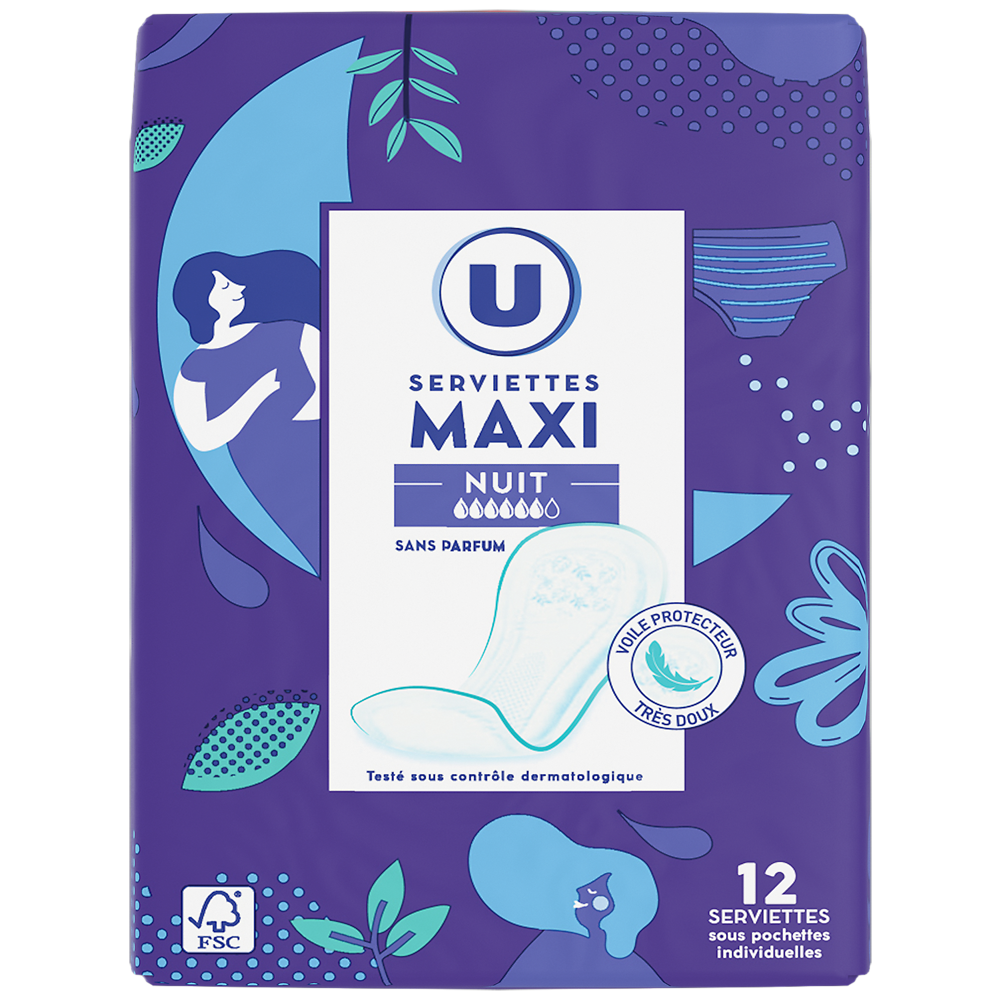 U Serviettes périodiques maxi nuit pliées  x12