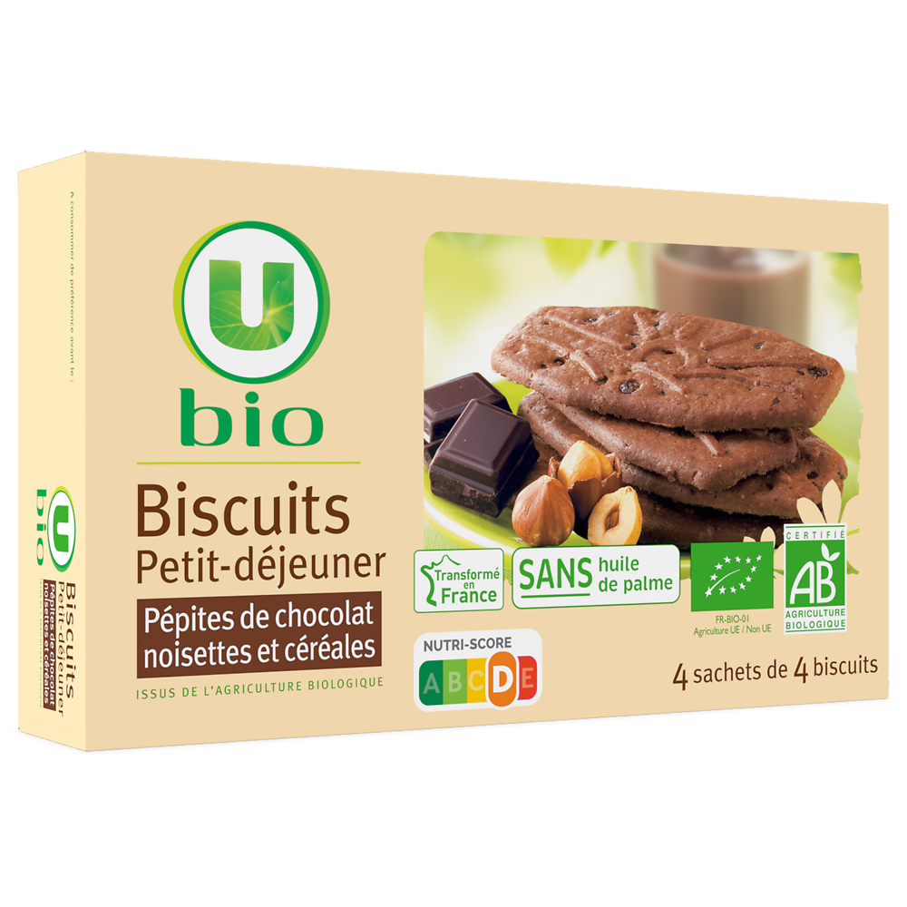 U BIO Biscuits petit déjeuner pépites chocolat et noisettes bio paquet de200g