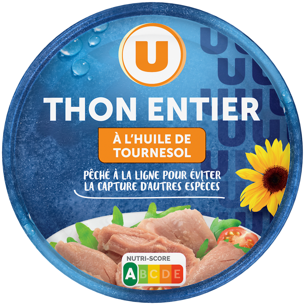 U Thon entier à l'huile de tournesol pêché canne  boîte de 160g