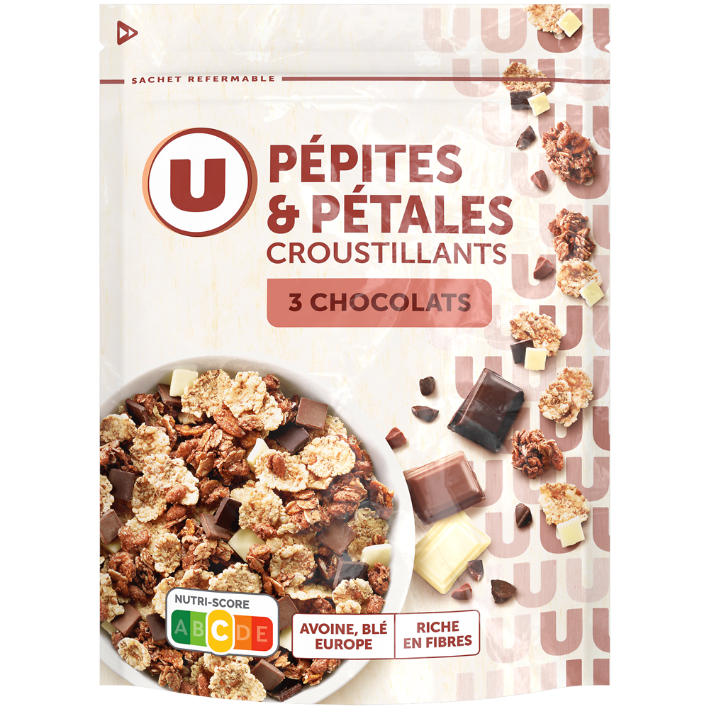 U Céréales Pépites et pétales aux 3 chocolats  paquet de 400g