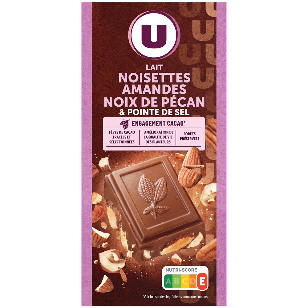 U Chocolat au lait aux amandes,noisettes et noix de pécan et pointe de sel  Tablette de 200g