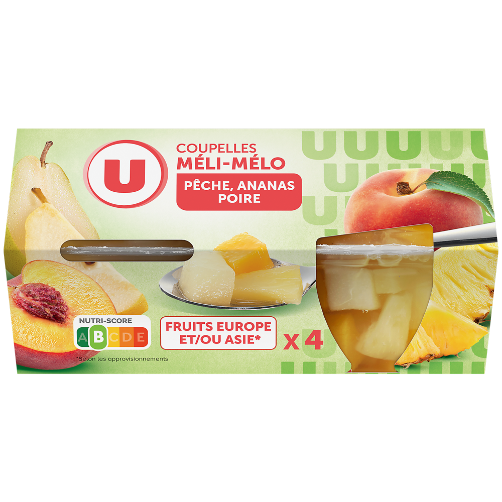 U Coupelles Méli mélo de fruits à la pêche, poire et ananas  4x65g