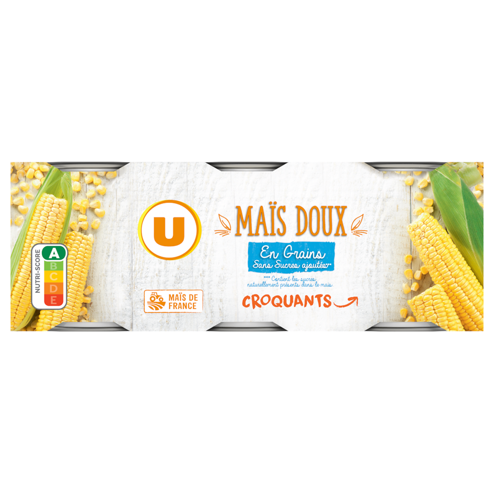 U Maïs doux en grains sans sucre ajouté - 3 boîtes de 140g