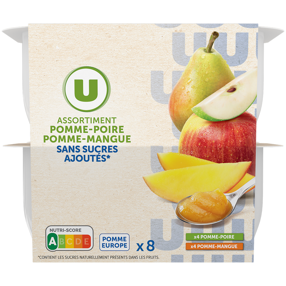 U Dessert fruitier coupelle 4 pommes-poires 4 pommes-mangues sans sucreajouté8x100g