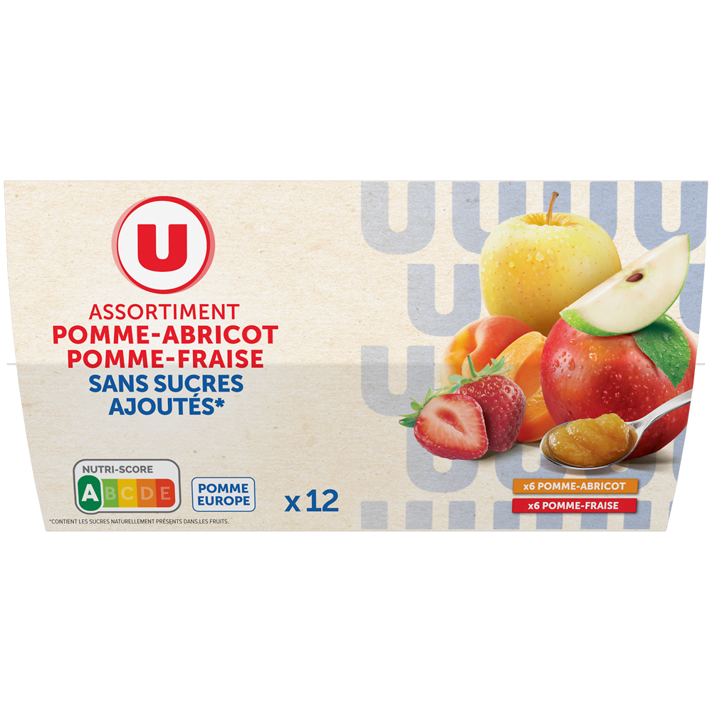 U Dessert fruitier coupelle 6 pommes-abricots, 6 pommes-fraises sans sucre ajouté 12x100g