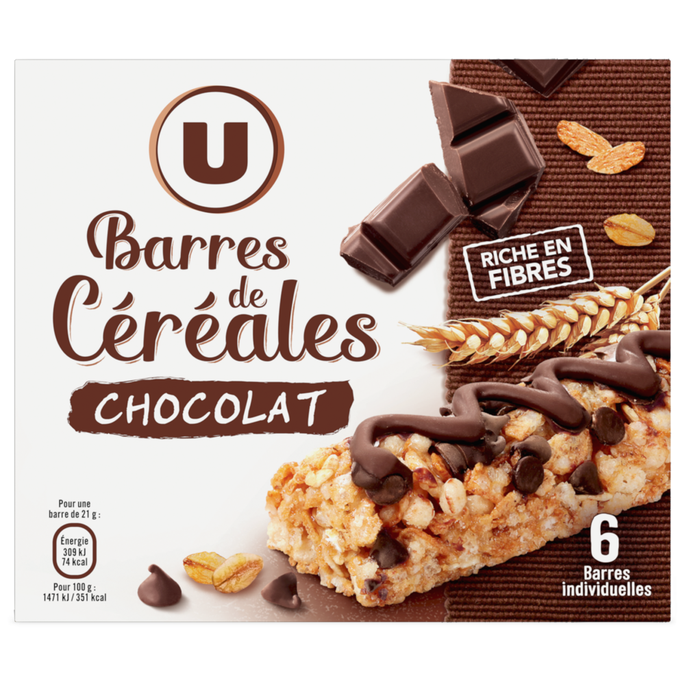 U Barre de Céréales riz et blé complet chocolat  x6  -  126g