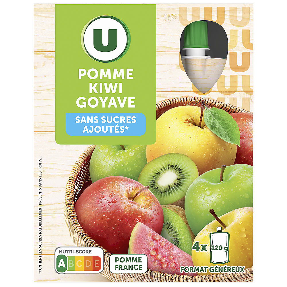 U Gourdes dessert fruitier pomme kiwi goyave sans sucre ajouté 4x120g