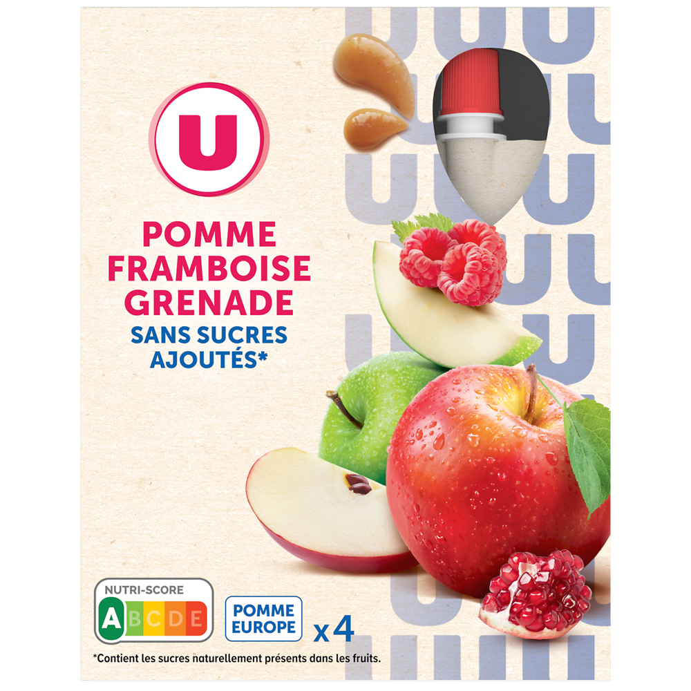 U Gourdes dessert fruitier pomme framboise grenade sans sucre ajouté 4x120g