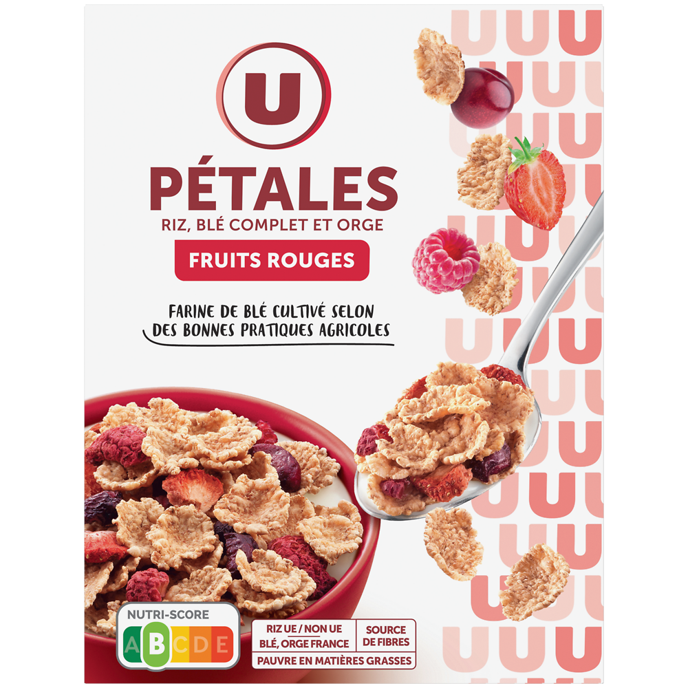 U Céréales Pétales de riz et blé orge avec fruits rouges  boîte de 300g