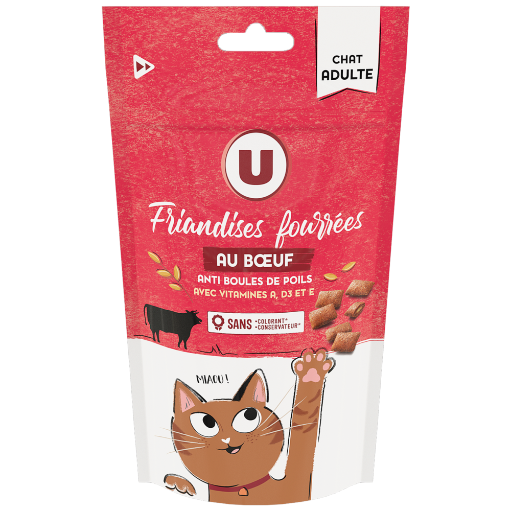 U Friandises fourrées pour chat anti boule de poils au boeuf  60g