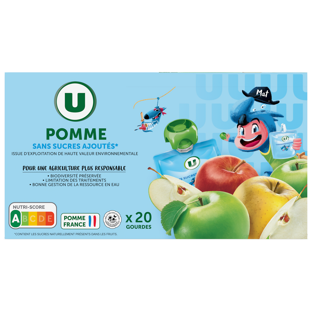 U MAT ET LOU Gourdes dessert fruitier à la pomme sans sucres ajoutés 20x90g