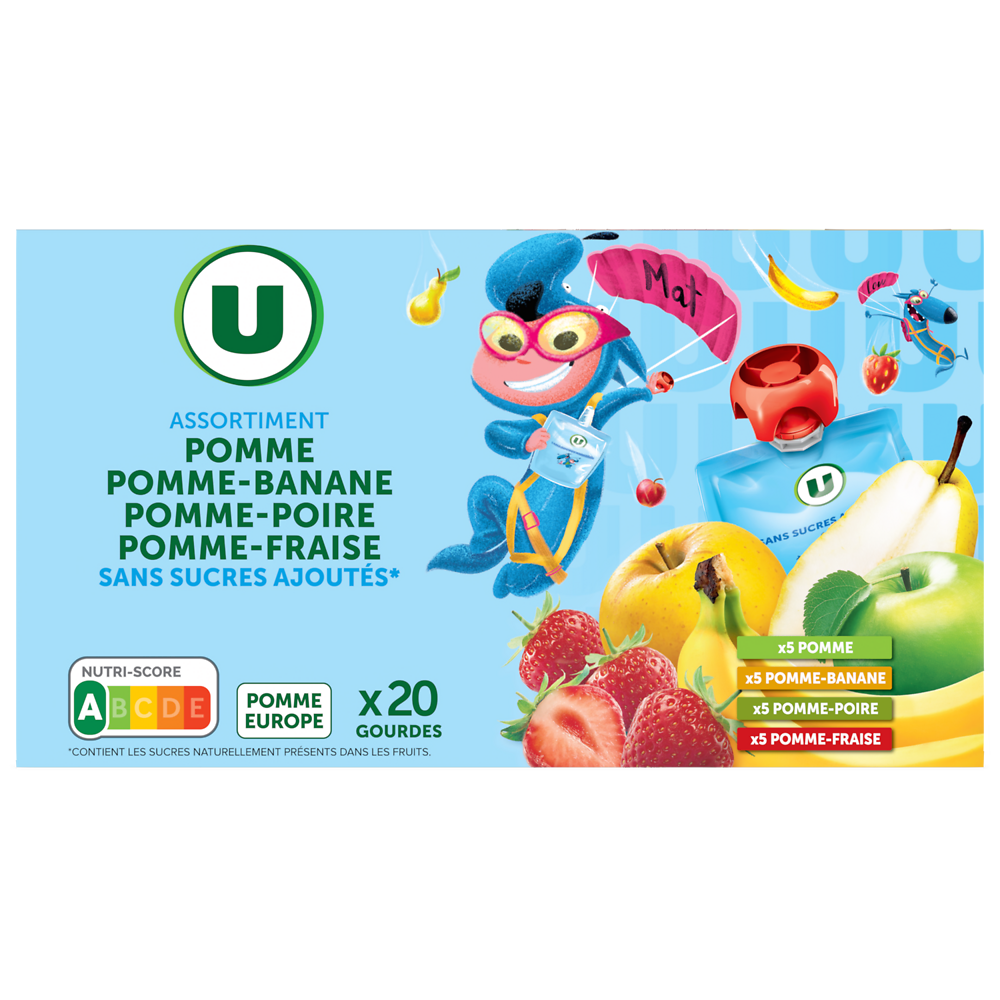 U MAT ET LOU Gourdes dessert fruitier aux 4 parfums sans sucre ajouté 20x90g