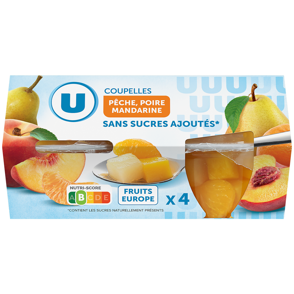 U Coupelles pêche,poire et mandarine sans sucre ajoutés  x4, 260g