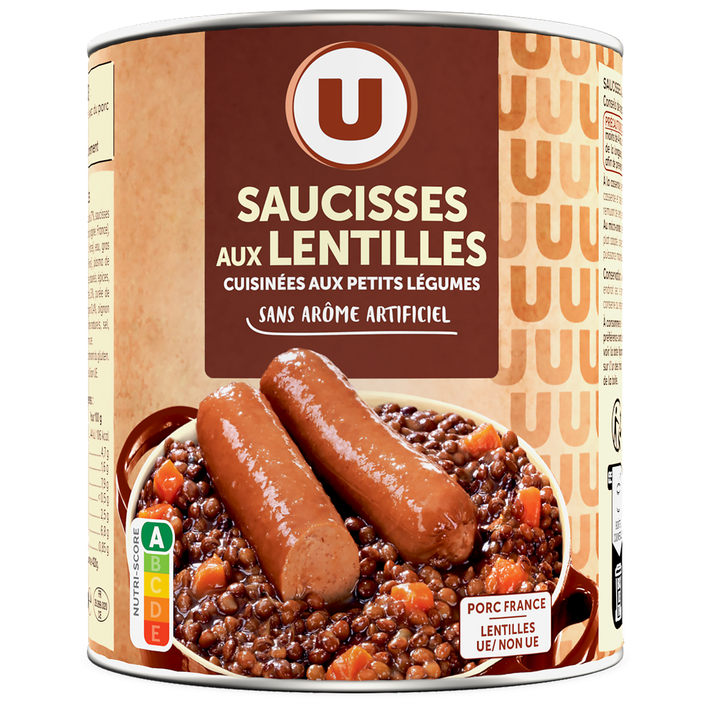 U Saucisses aux lentilles cuisinées  aux petits légumes boîte 4/4 840g