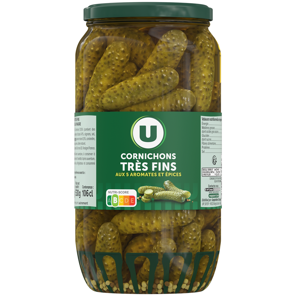 U Cornichons très fins pasteurisés au vinaigre  bocal de 530g