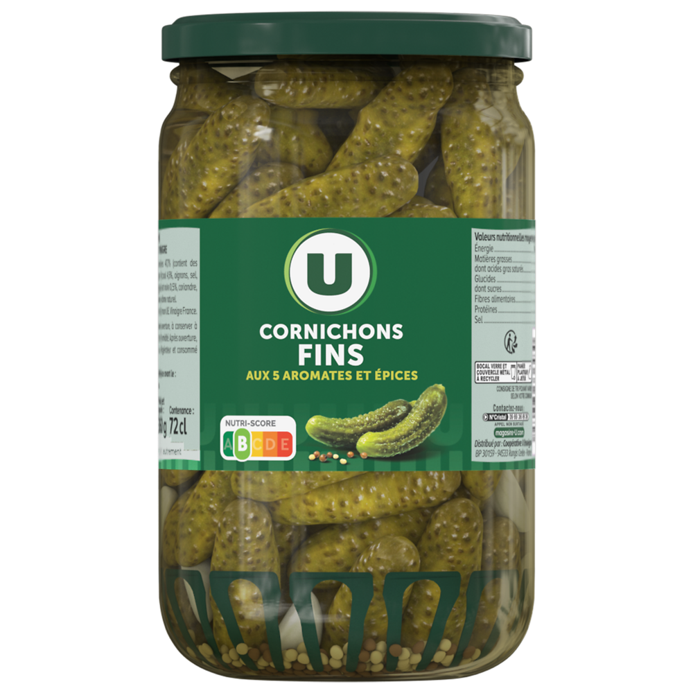 U Cornichons fins pasteurisés au vinaigre  bocal de 360g