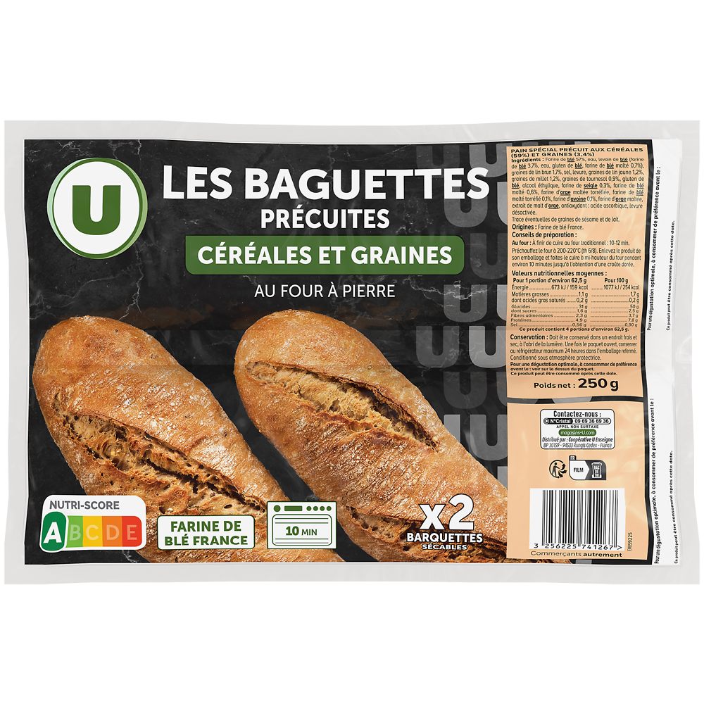 U Demi-baguette aux céréales et graines précuite sur four à pierre  2x125g