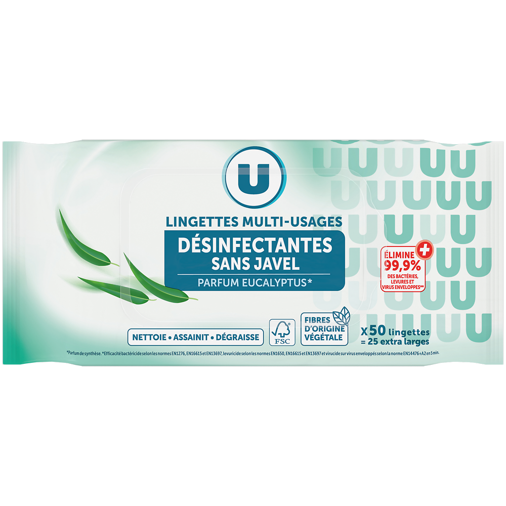 U Lingettes désinfectantes sans javel multi-usages fraîcheur eucalyptusx25