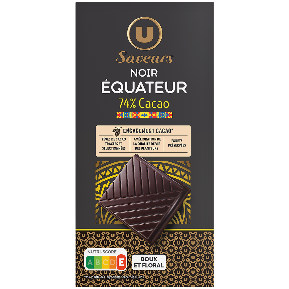 U Chocolat noir 74% de cacao d'Equateur  Tablette de 100g