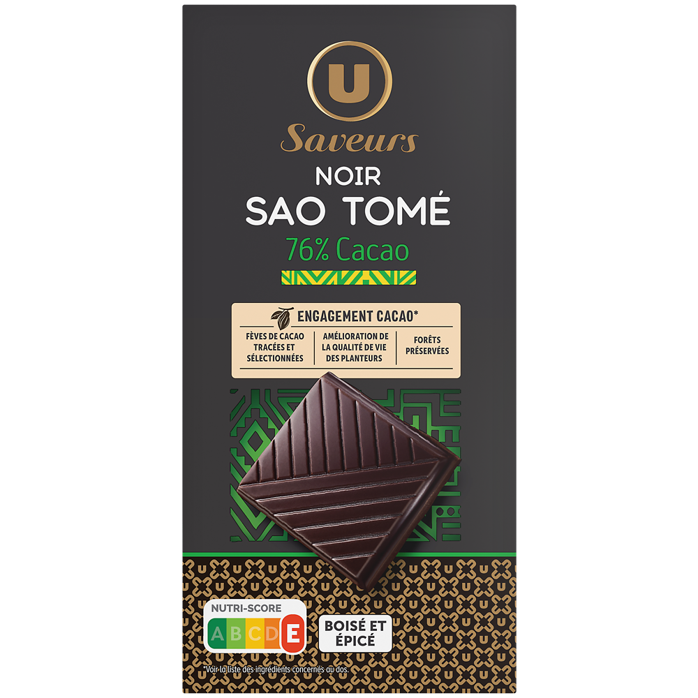 U Chocolat noir 76% de cacao du Sao Tomé  Tablette de 100g