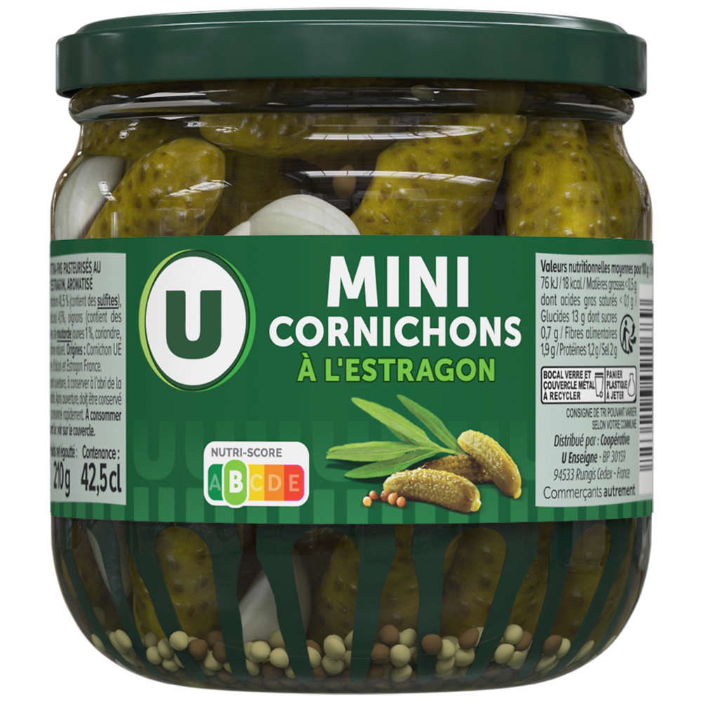 U Cornichons mini à l'estragon,  bocal de 42cl  -  210g