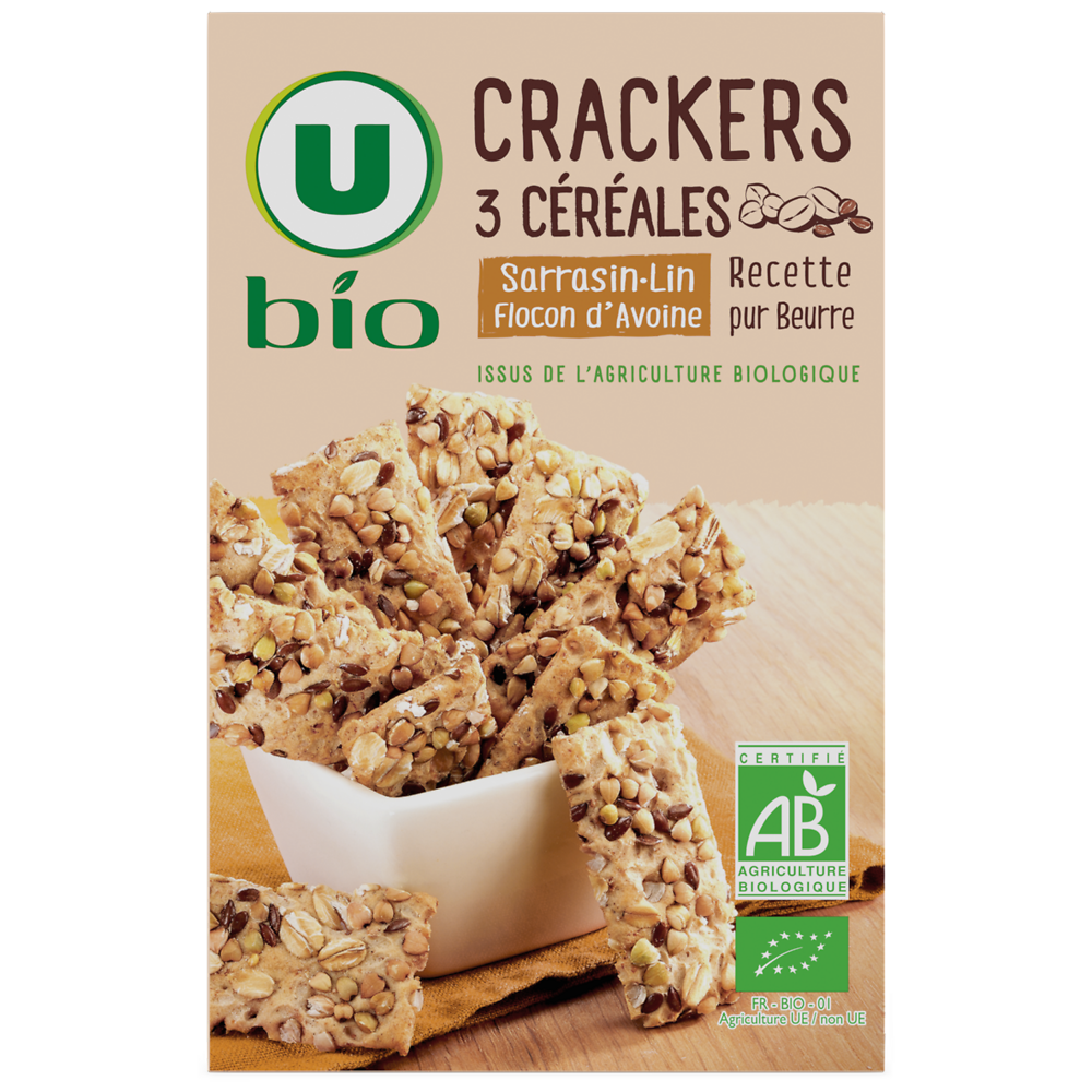 U BIO Crackers 3 céréales sarrasin lin et flocon d'avoine  paquet de 65g