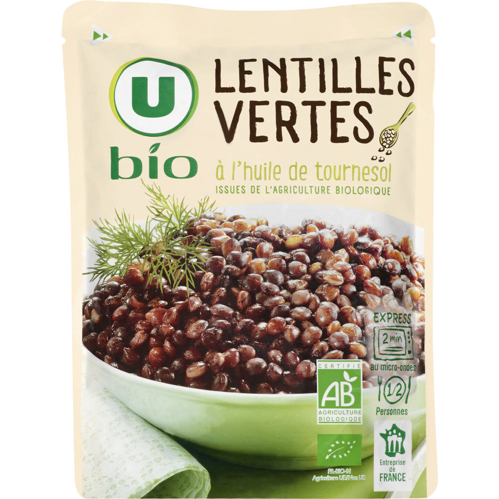 U BIO Lentilles vertes à l'huile de tournesol  sachet micro-ondable de250g