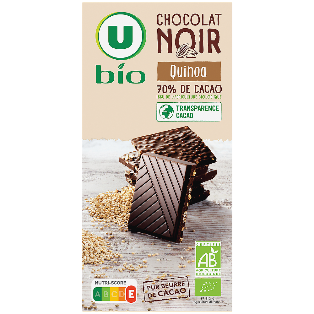 U BIO Chocolat noir 70% de cacao quinoa  - Tablette 100g