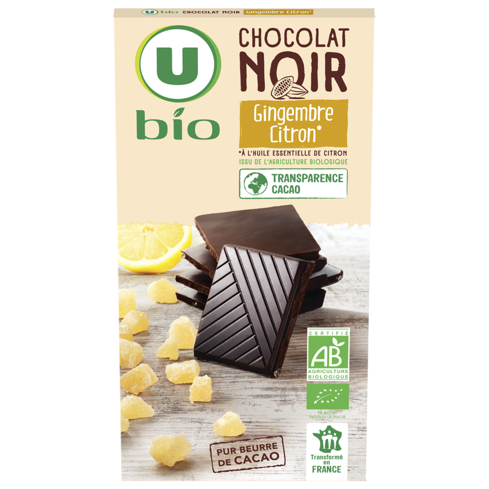 U BIO Chocolat noir au citron et gingembre - Tablette 100g