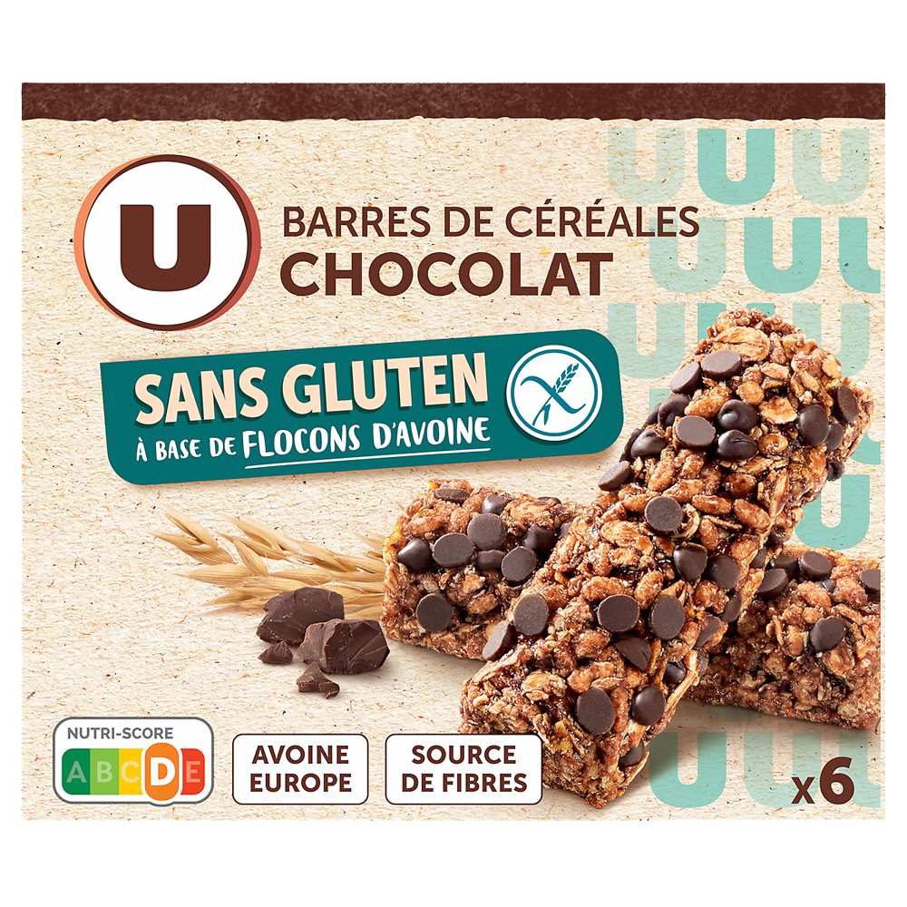 U SANS GLUTEN Barres de céréales saveur chocolat sans gluten  boîte de 138g