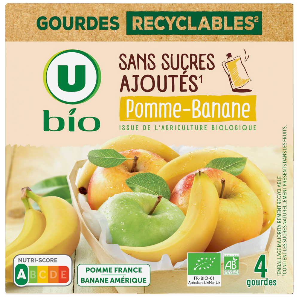 U BIO Purée pomme banane sans sucres ajoutés  4 gourdes de 90g