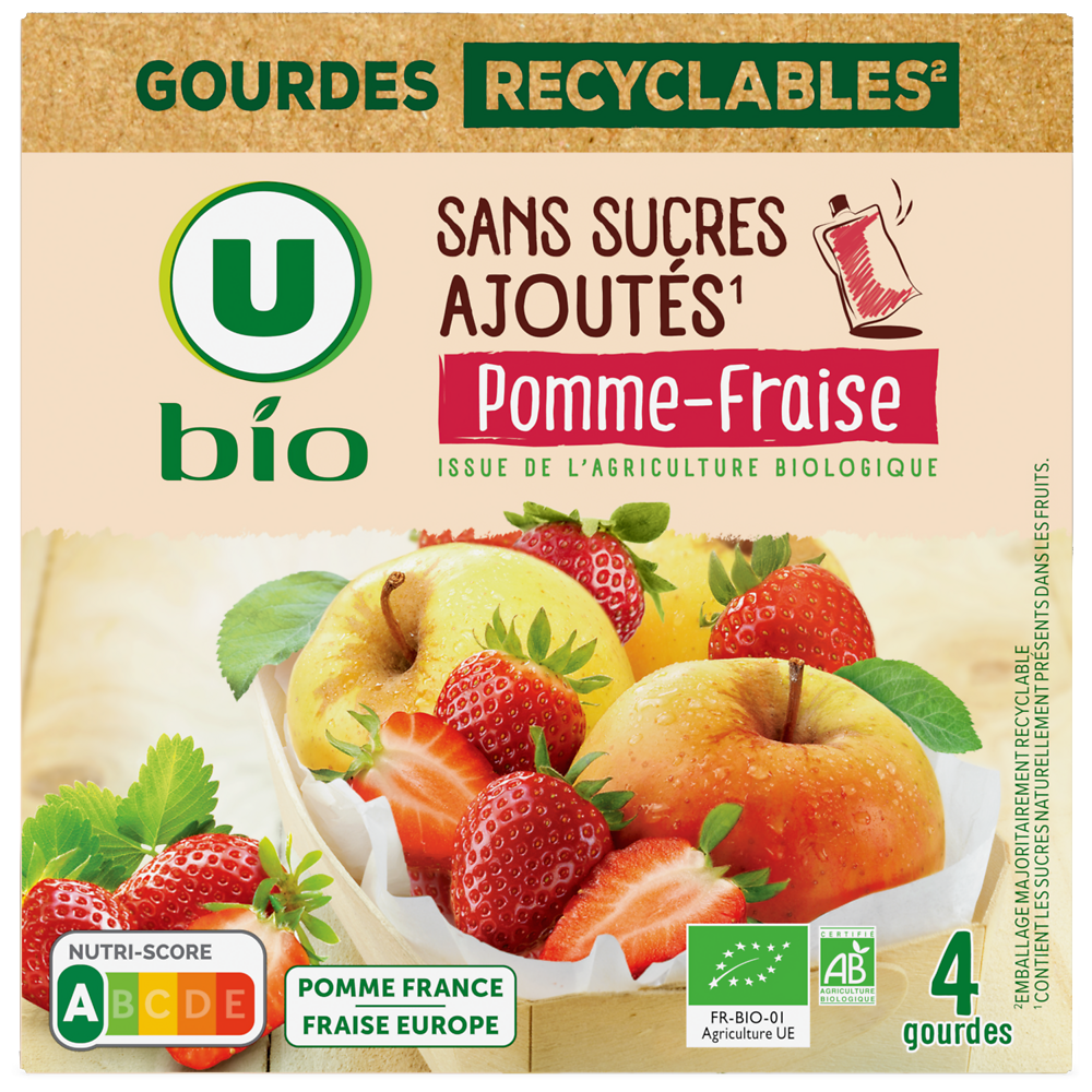 U BIO Purée pomme fraise sans sucres ajoutés  4 gourdes de 90g