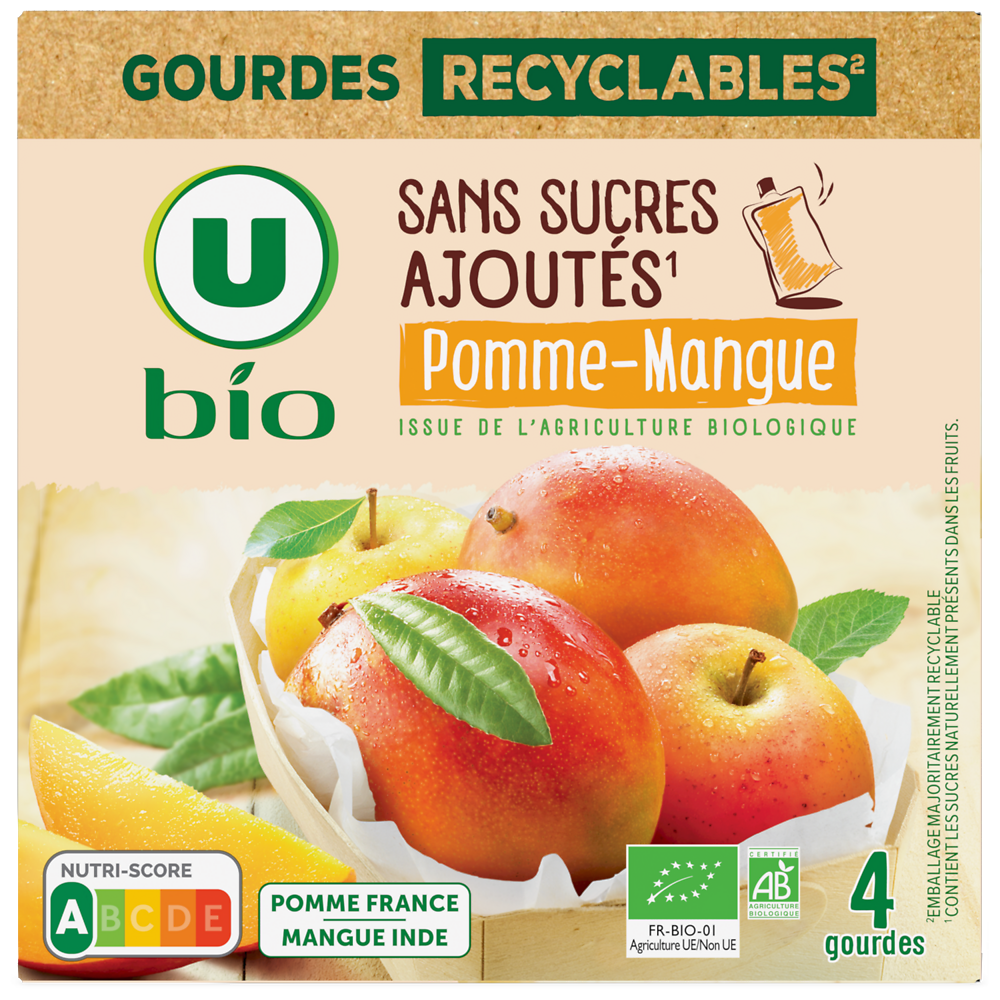 U BIO Purée pomme mangue sans sucres ajoutés  4 gourdes de 90g