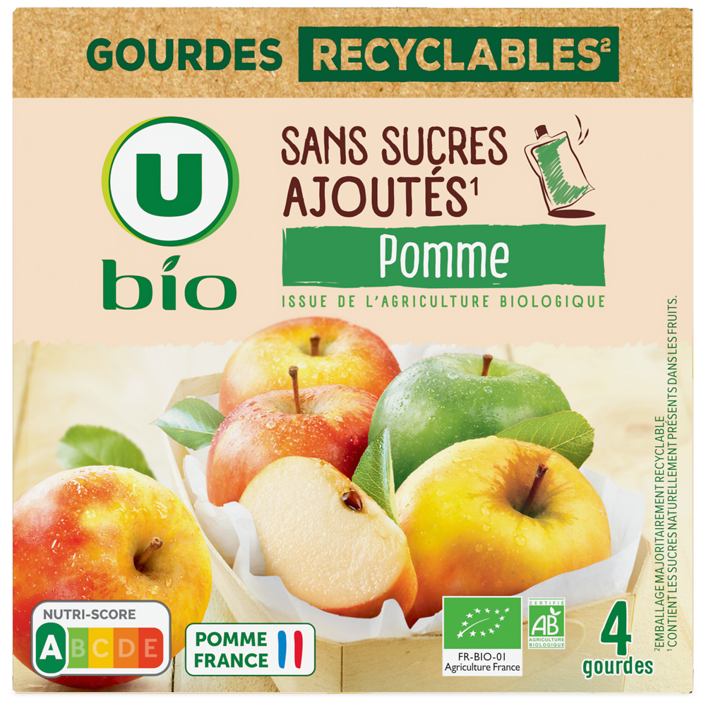 U BIO Purée de pomme sans sucres ajoutés  4 gourdes de 90g