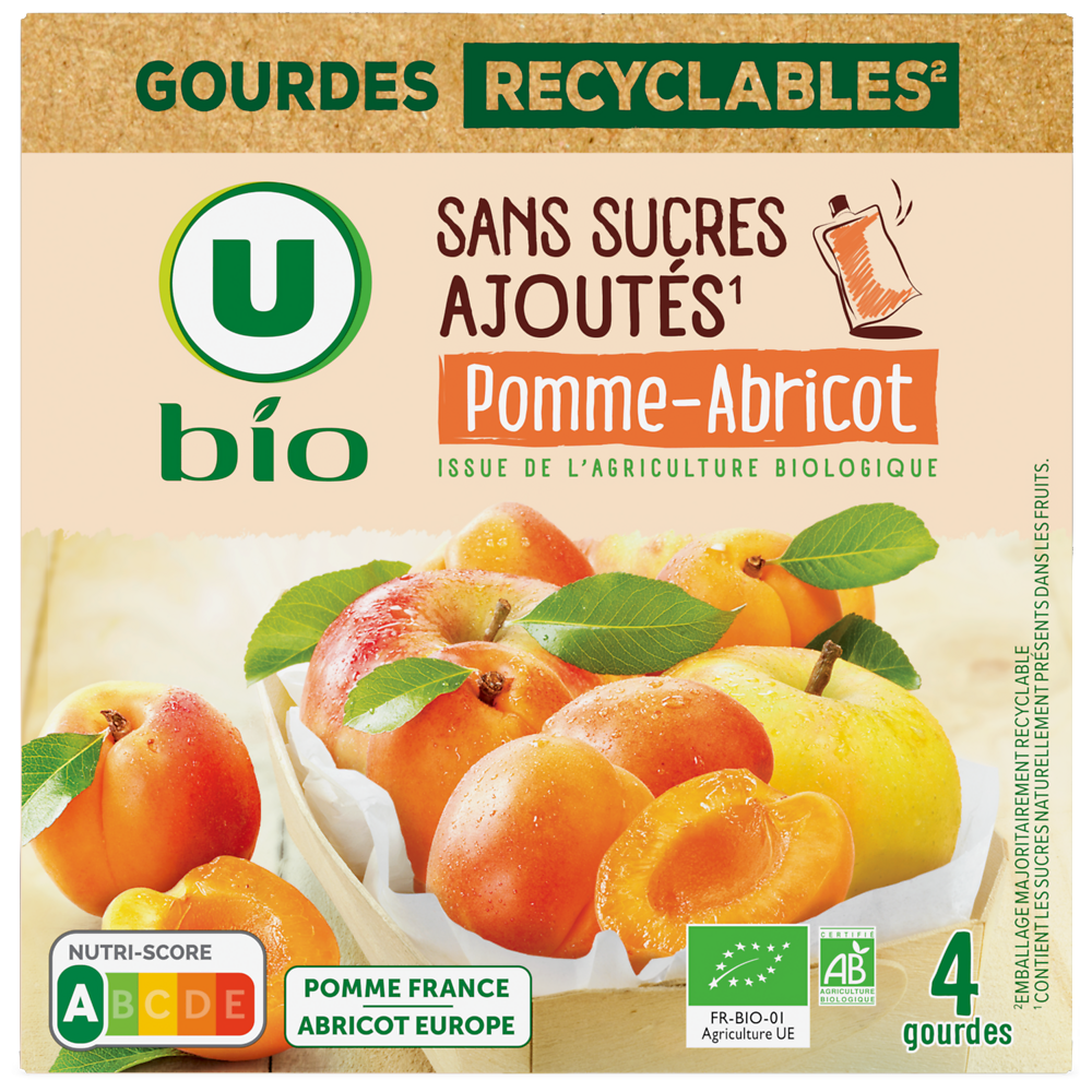 U BIO Purée pomme abricot sans sucres ajoutés  4 gourdes de 90g