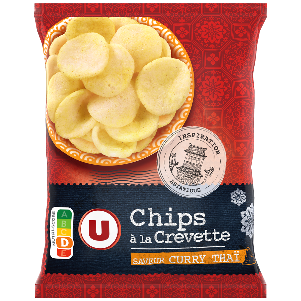 U Chips aux crevettes saveur curry thaï  sachet de 50g