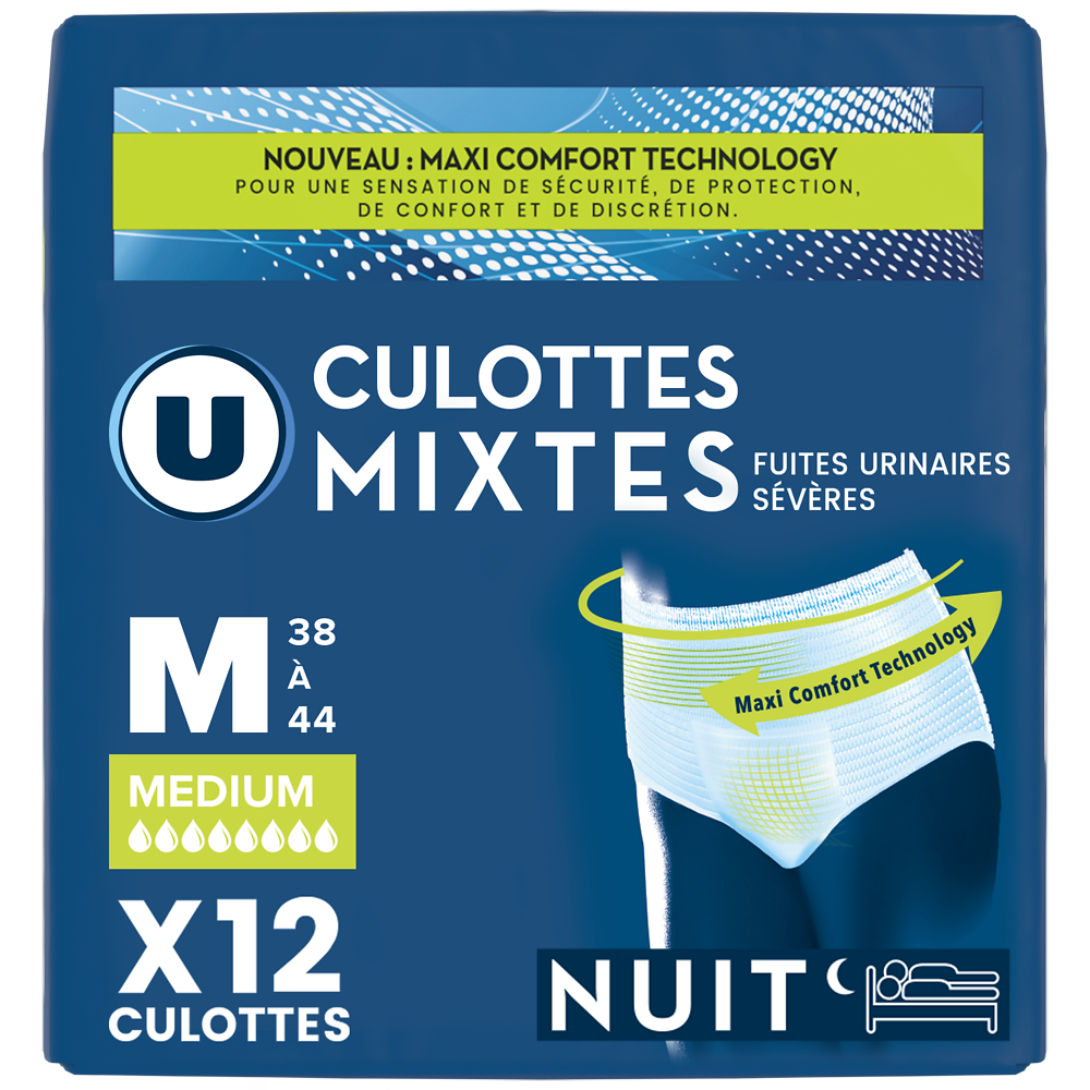 U Culottes incontinence mixtes de nuit pour adulte - Taille M - x12