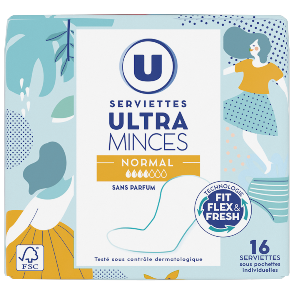 U Serviettes hygiéniques ultra mince normale pliées x16