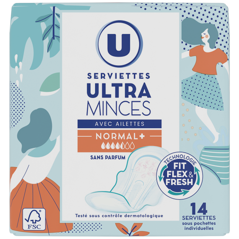 U Serviettes hygiéniques ultra mince normal plus avec ailettes x14