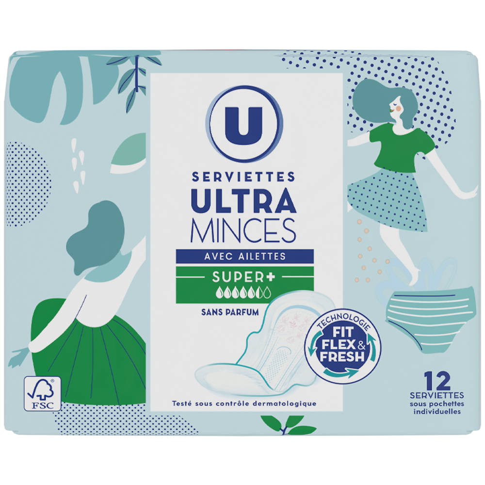 U Serviettes hygiéniques ultra mince super plus avec ailettes pliée x12