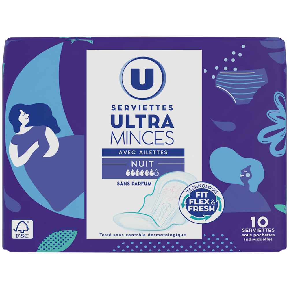 U Serviettes hygiéniques ultra mince de nuit pliée à ailettes x10