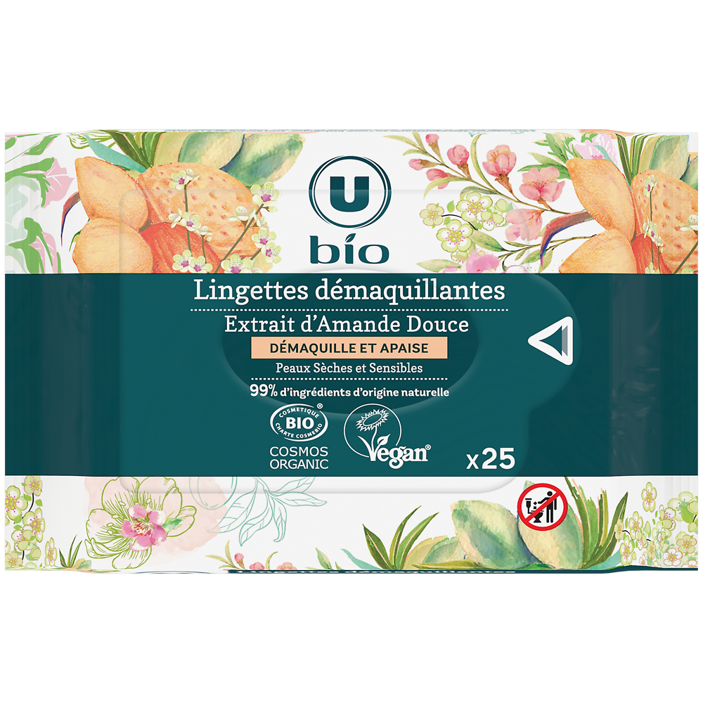 U BIO Lingettes démaquillantes à l'amande douce pour peaux sèches etsensibles  x25