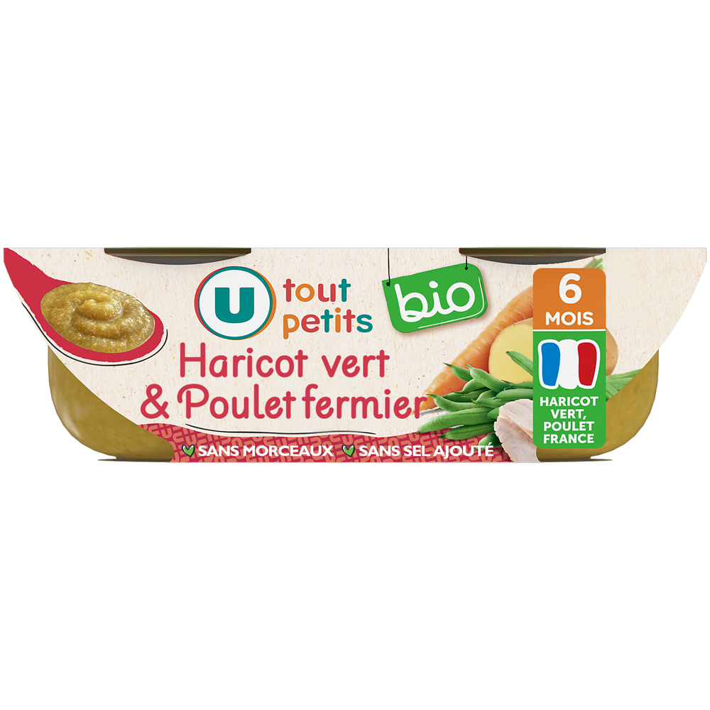 U TOUT PETITS BIO Plats bébé bols haricots verts poulet dès 6 mois, Origine France 2x200g