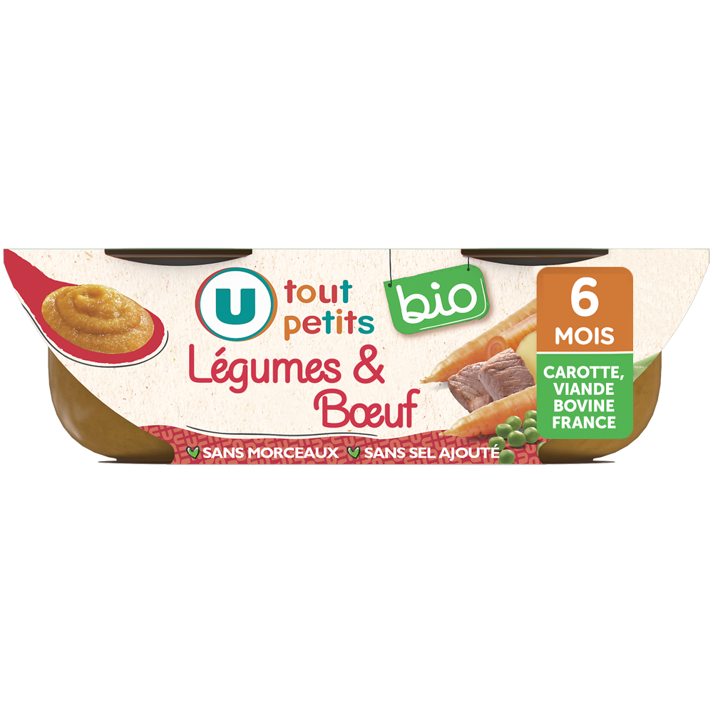 U TOUT PETITS BIO Plats bébé bols légumes boeuf sans morceaux dès 6mois, OrigineFrance 2x200g