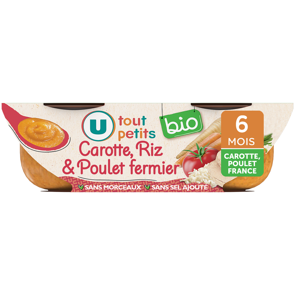 U TOUT PETITS BIO Plats bébé bols de carottes tomate riz et poulet sans morceaux , dès 6mois, 2x200g