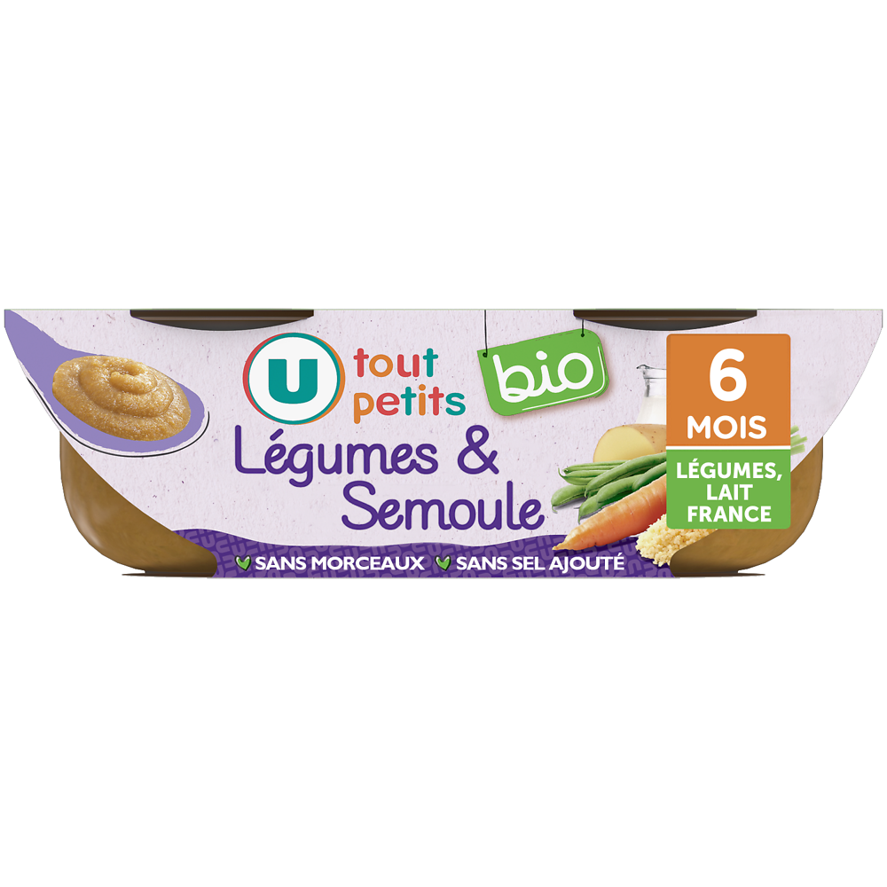 U TOUT PETITS BIO Plats bébé bols soir légumes verts semoule dès 6 mois, 2x200g